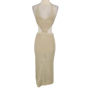 Miss Lola Sarya Crochet Midi Dress Nude Sexy Beach Cover Knit Sheer Size Medium